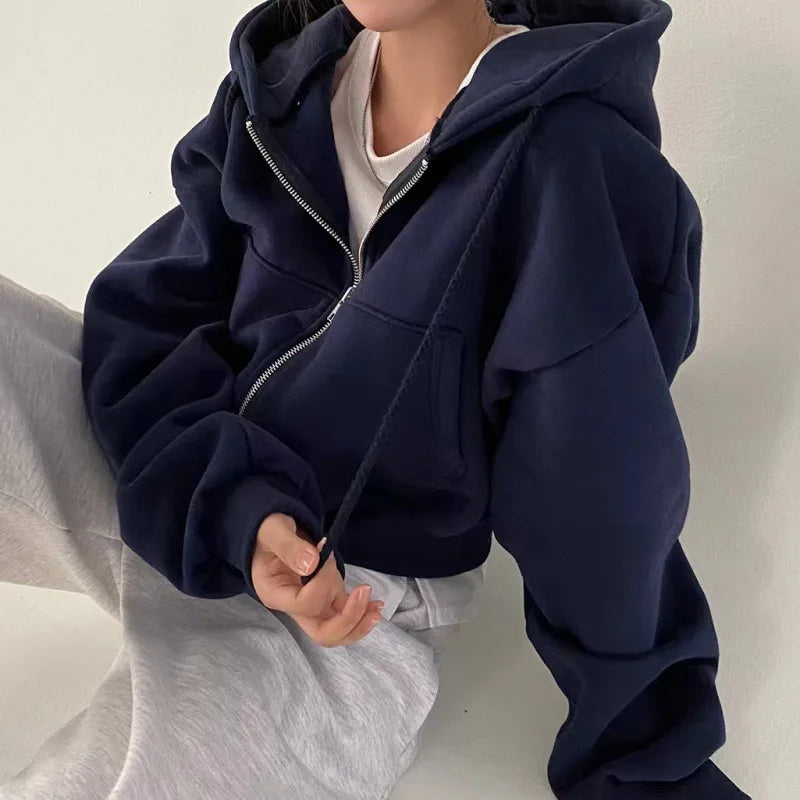 Navy Fleece Cropped Hoodie Dames | ByJiméa