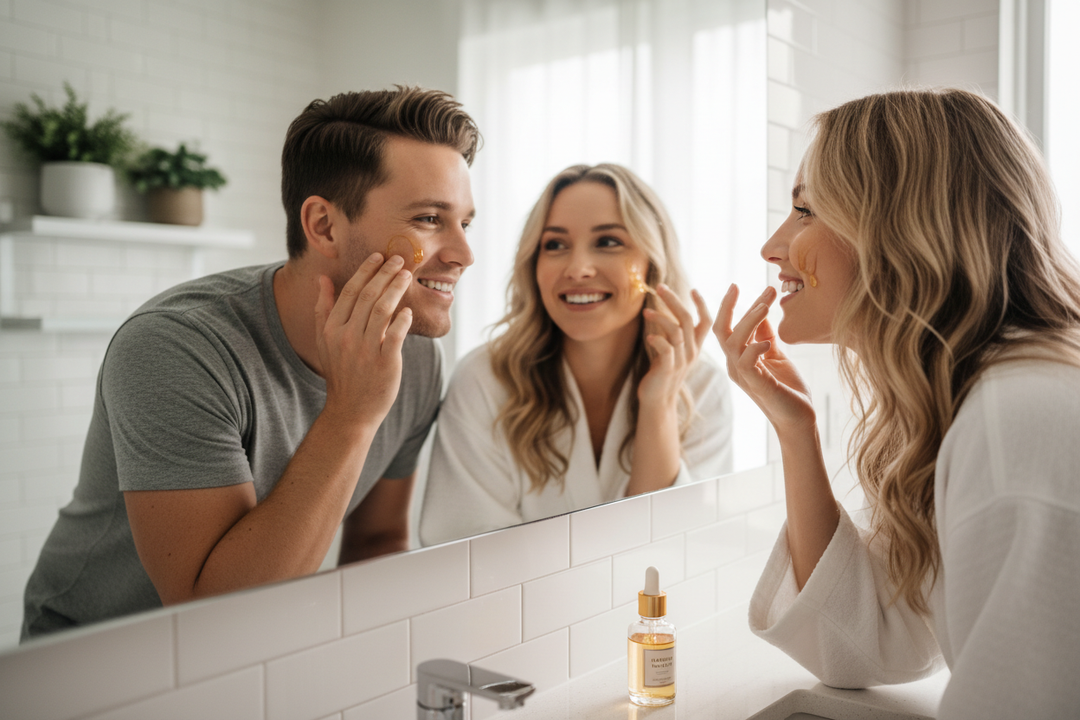 laat een man en vrouw samen in de spiegel een gezichts serum opsmeren, de kleur van het serum heeft een honing achtige kleur (goud)